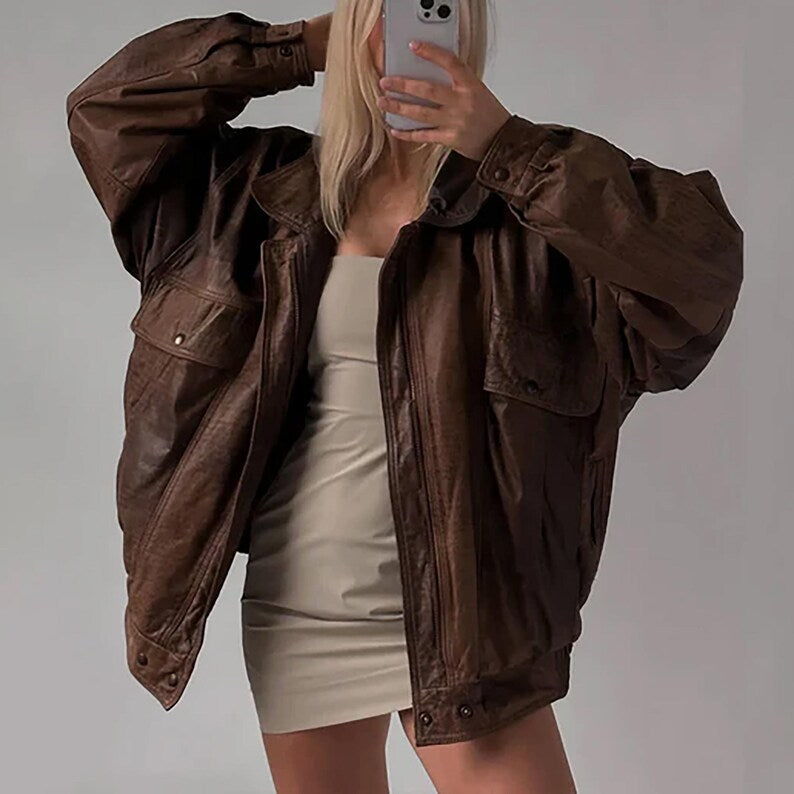 1980's Women Handmade Brown Oversize Bomber Lambskin Soft Real Leather Jacket, Womens Casual Wear Genuine Leather Jacket, Gift for Him women