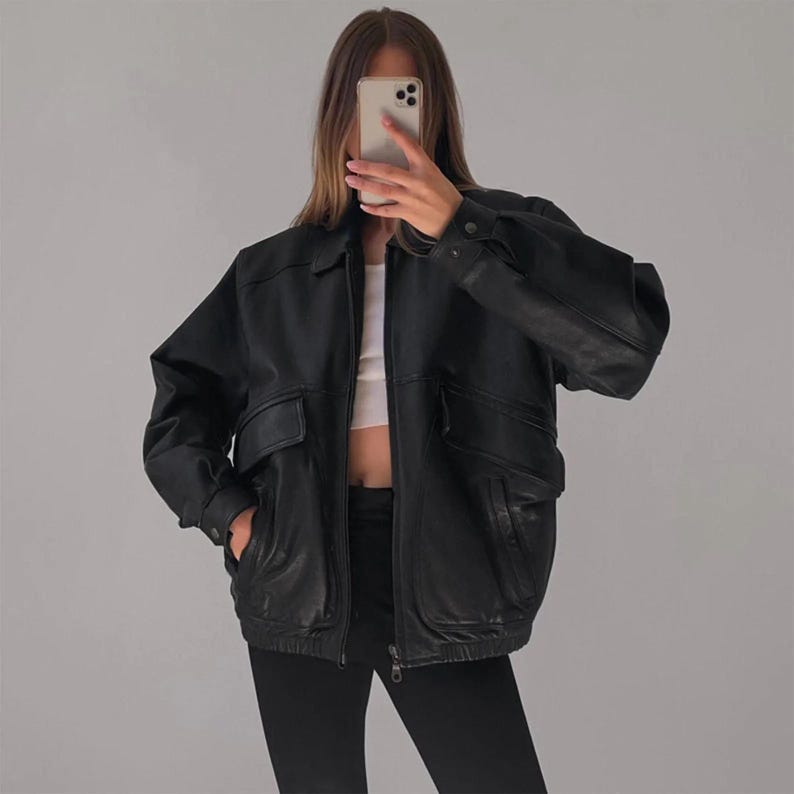 Women Handmade Oversize Bomber Leather Jacket, Women's Black Oversize Jacket, Ladies Christmas Gift, Gift for Her, 90's Style & Fashion