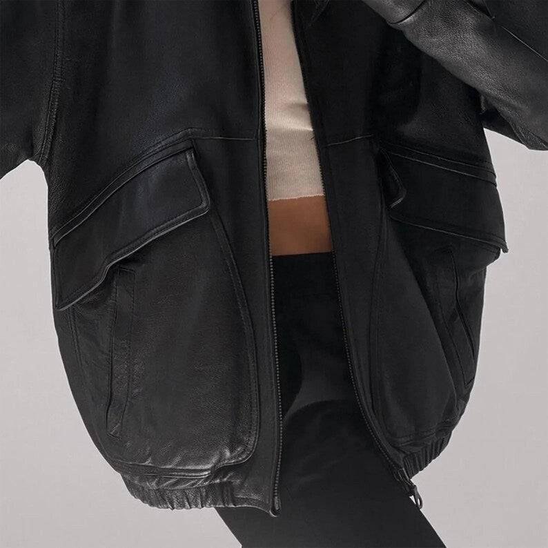 Women Handmade Oversize Bomber Leather Jacket, Women's Black Oversize Jacket, Ladies Christmas Gift, Gift for Her, 90's Style & Fashion