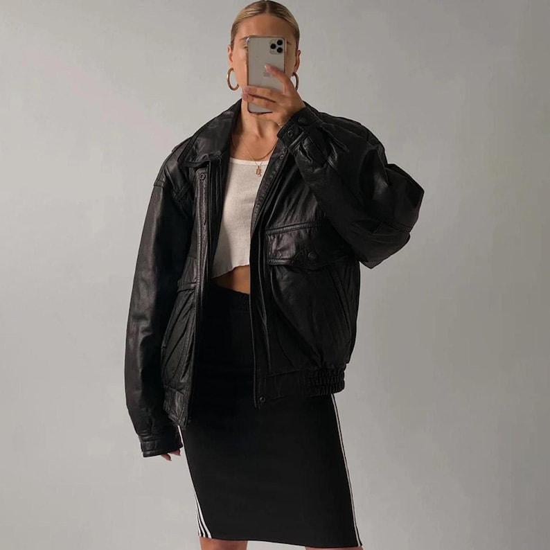 1980s Oversized Vintage Black Leather Jacket Long Sleeve Leather Jacket Women Plus Size Leather Jacket Ladies For Gift Jacket Collection