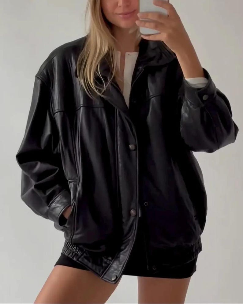 90's Women Handmade Black Oversize Leather Jacket, Women Casual Wear Genuine Leather Jacket, Outerwear Gift For Ladies Soft Leather Jacket.