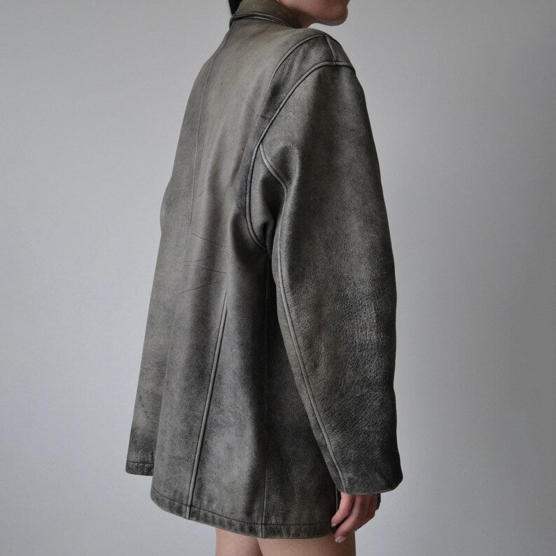 1980s Oversized Retro Distressed Grey Vintage Real Leather Jacket Women’s Streetwear Loose Style Leather Jacket, Gift For her