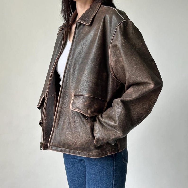 1980s Oversized Retro Distressed Brown Vintage Real Leather Jacket Women’s Streetwear Loose Fit Leather Jacket, Gift For her