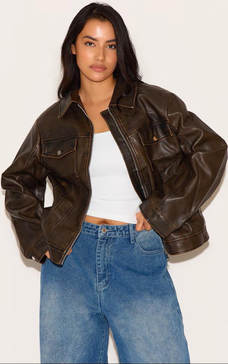 Women's Vintage Brown Oversized Leather Jacket, Ladies Bomber Jacket, Women 1980's Style Jacket, Christmas Gift For Her, Soft Leather Jacket