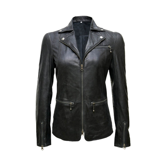 Women's Dark Blazer Style Leather Jacket Versatile Outerwear