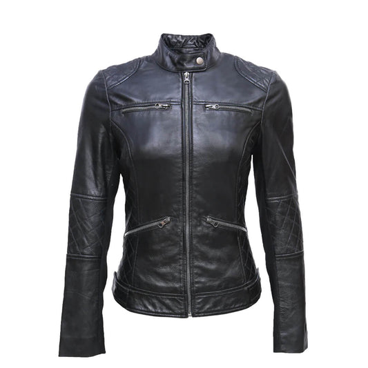 Women's Dark Black Leather Jacket Biker Style