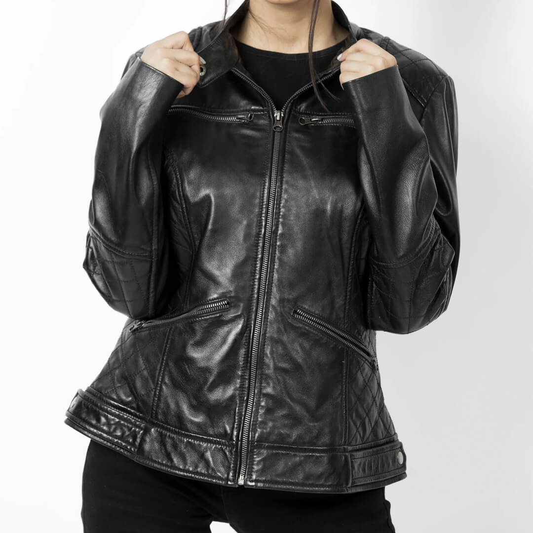 Women's Dark Black Leather Jacket Biker Style Thejacketmakerss