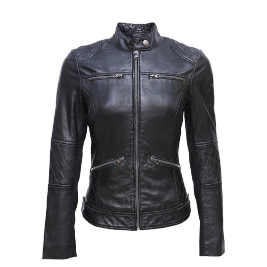 Women's Dark Black Leather Jacket Biker Style