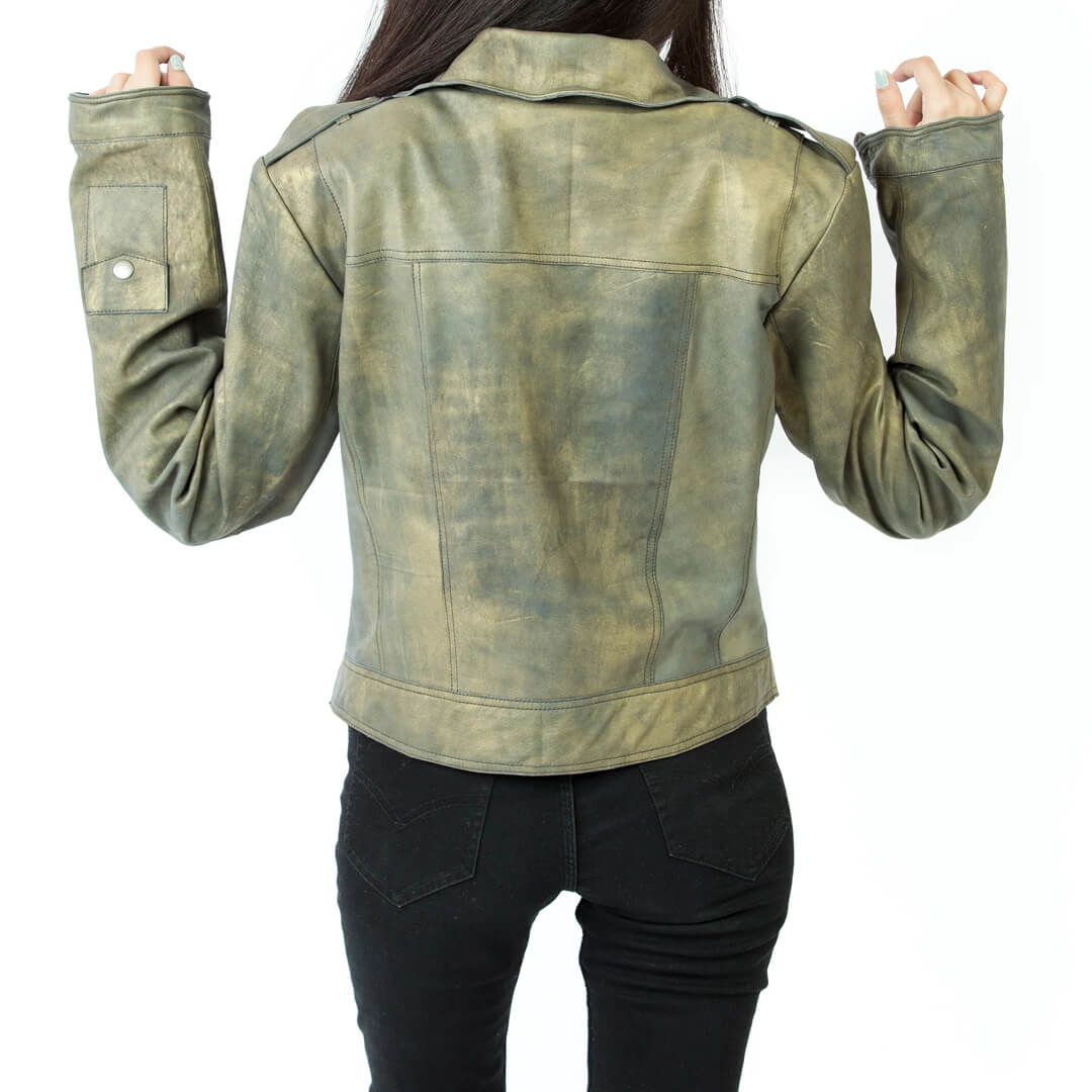 Vintage Inspired Distressed Leather Jacket Jette-Antique Green