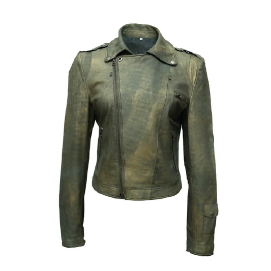 Women's Leather Bomber Jacket Vintage Look Distressed Leather Jacket in Antique Green