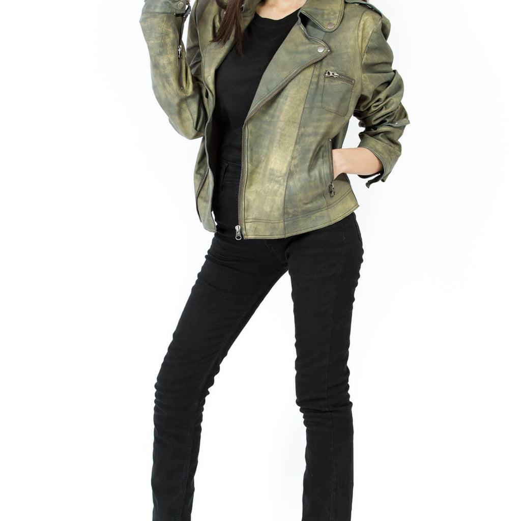 Vintage Inspired Distressed Leather Jacket Jette-Antique Green