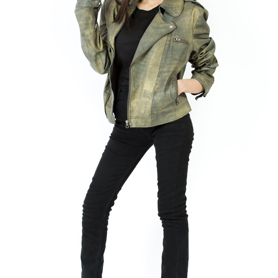 Vintage Inspired Distressed Leather Jacket Jette-Antique Green