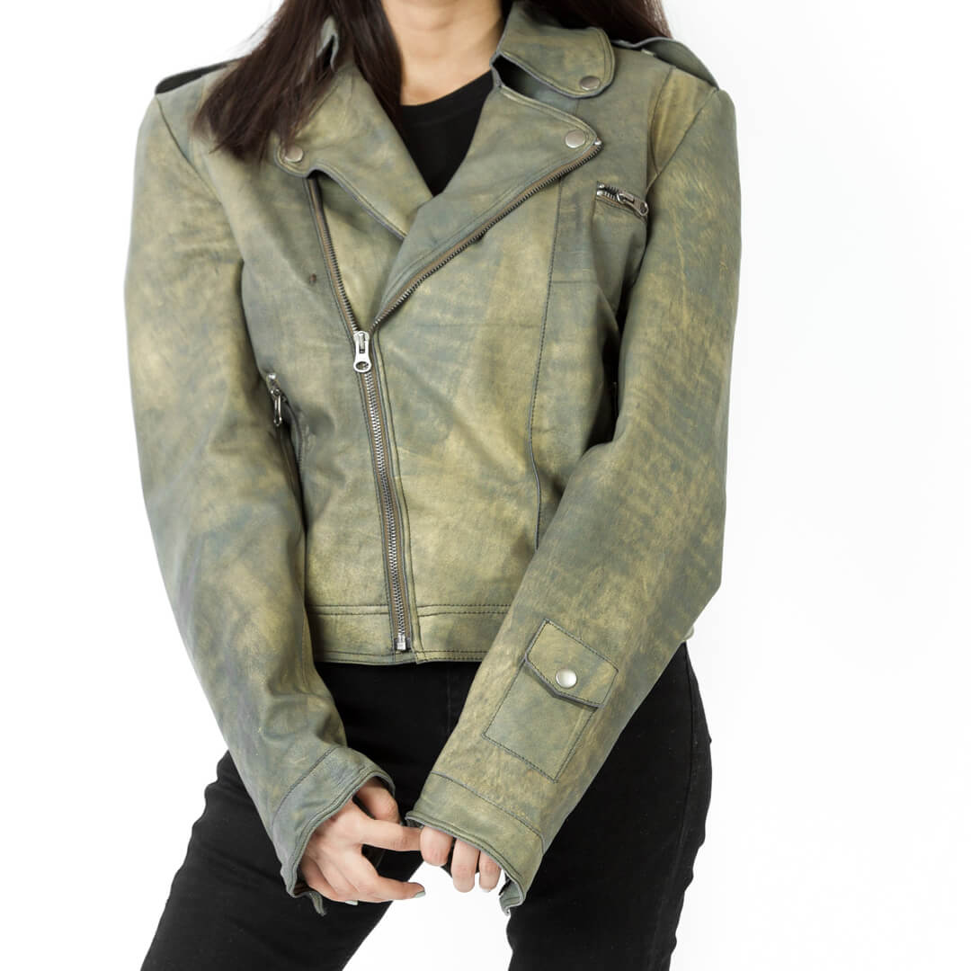 Vintage Inspired Distressed Leather Jacket Jette-Antique Green