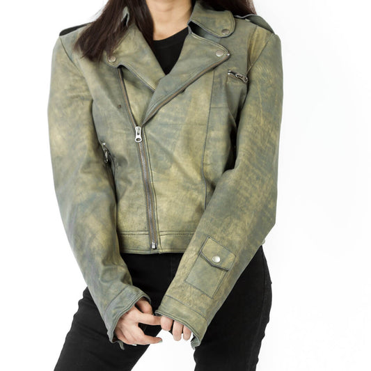 Women's Leather Bomber Jacket Vintage Look Distressed Leather Jacket in Antique Green