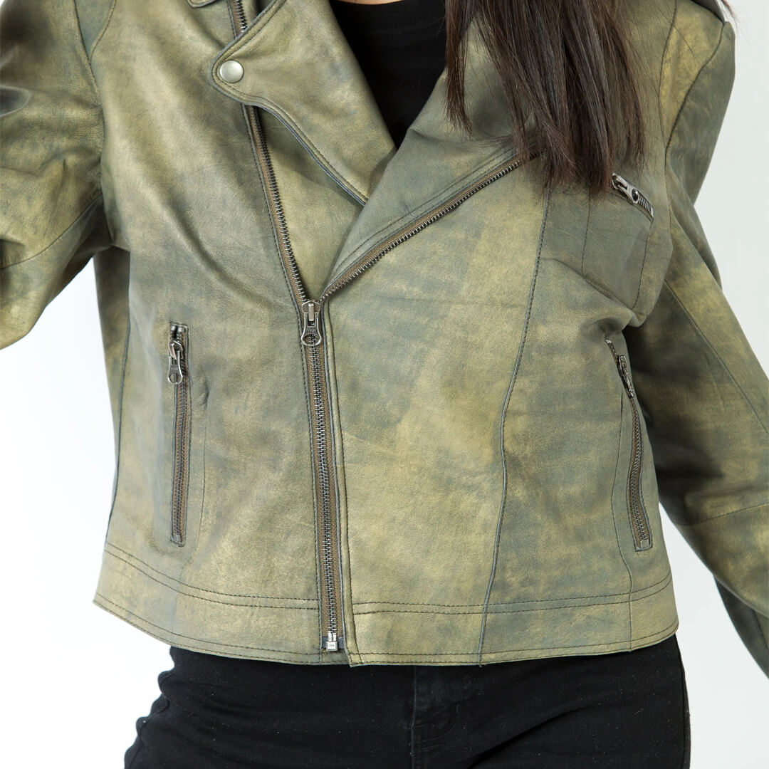 Vintage Inspired Distressed Leather Jacket Jette-Antique Green