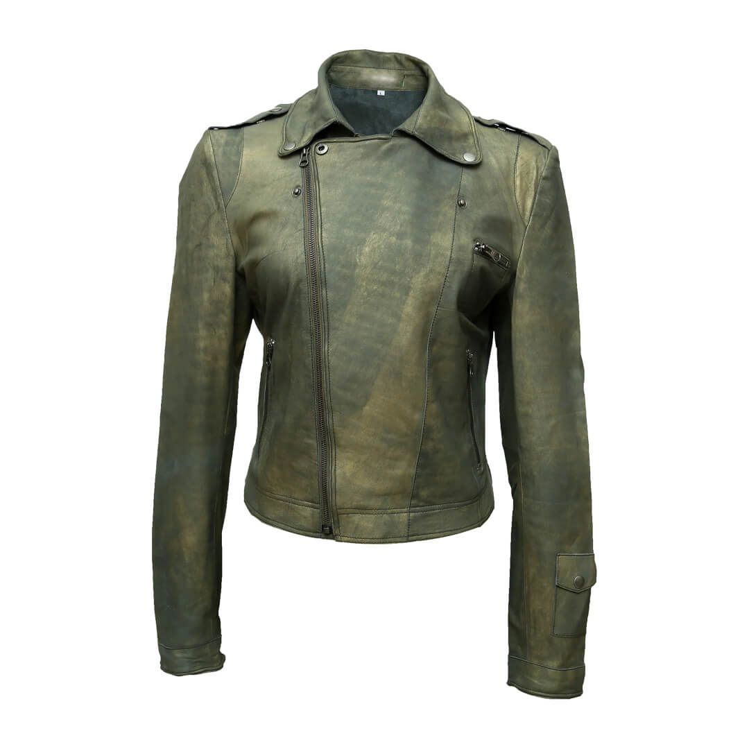 Vintage Inspired Distressed Leather Jacket Jette-Antique Green