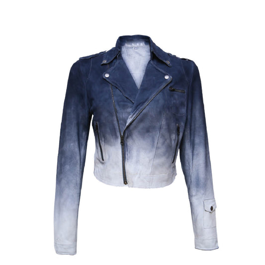 Women's blue Leather Jacket Vintage Style Outerwear