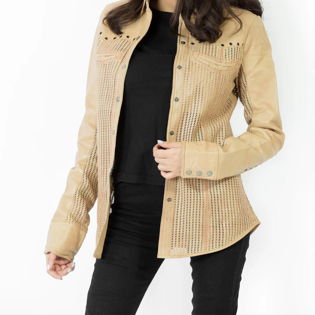 Scarlett Beige Leather Shirt Jacket