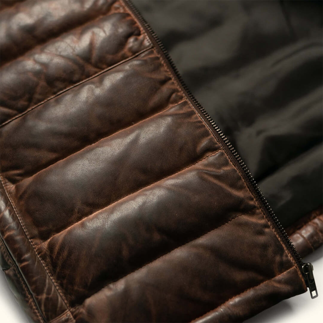 Chic two-tone tan puffer jacket for men, designed for style and warmth, perfect for braving the cold weather in fashion.