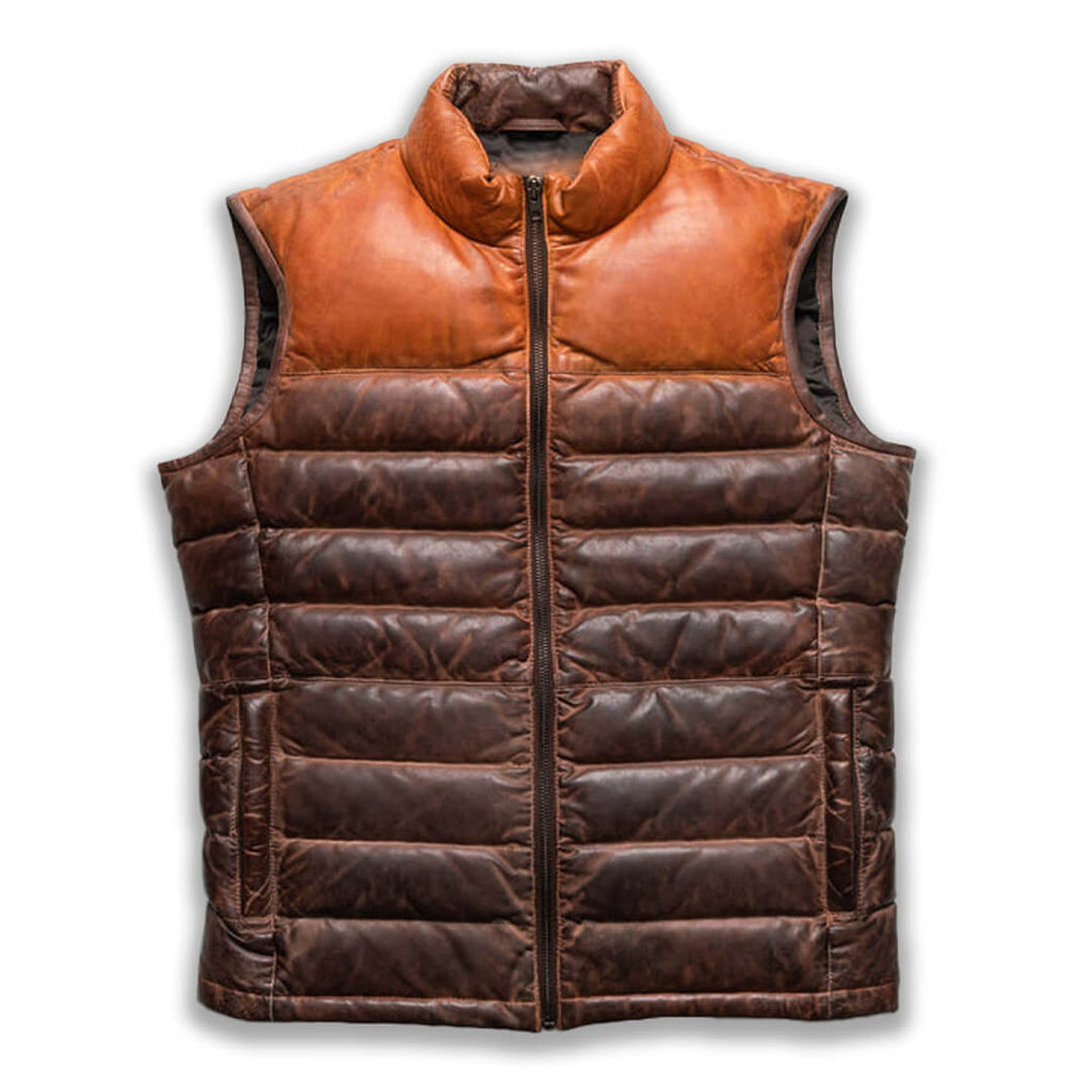 Chic two-tone tan puffer jacket for men, designed for style and warmth, perfect for braving the cold weather in fashion.