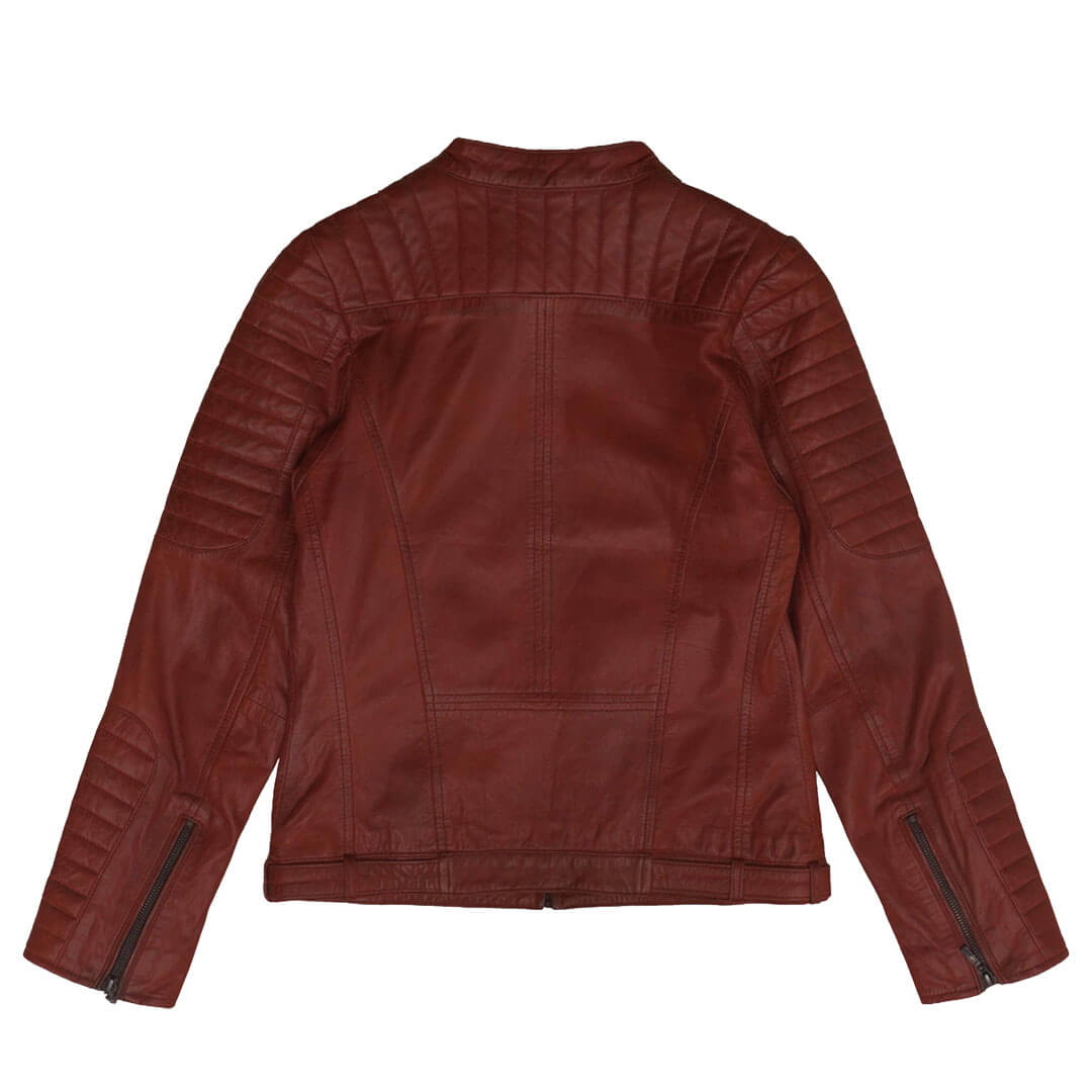 Woman's elegant Julieta red slim fit leather jacket, luxury stylish outerwear essential.