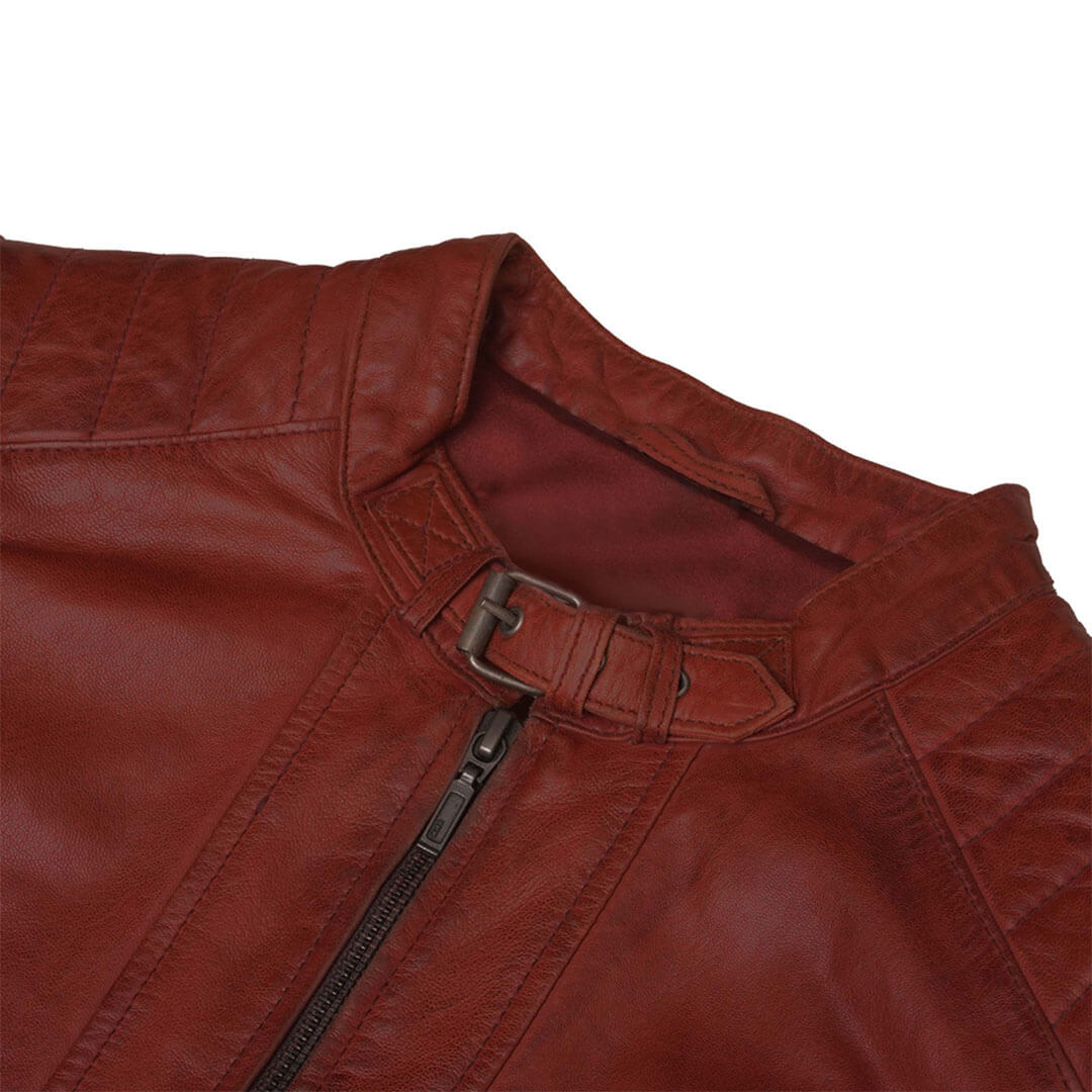 Woman's elegant Julieta red slim fit leather jacket, luxury stylish outerwear essential.