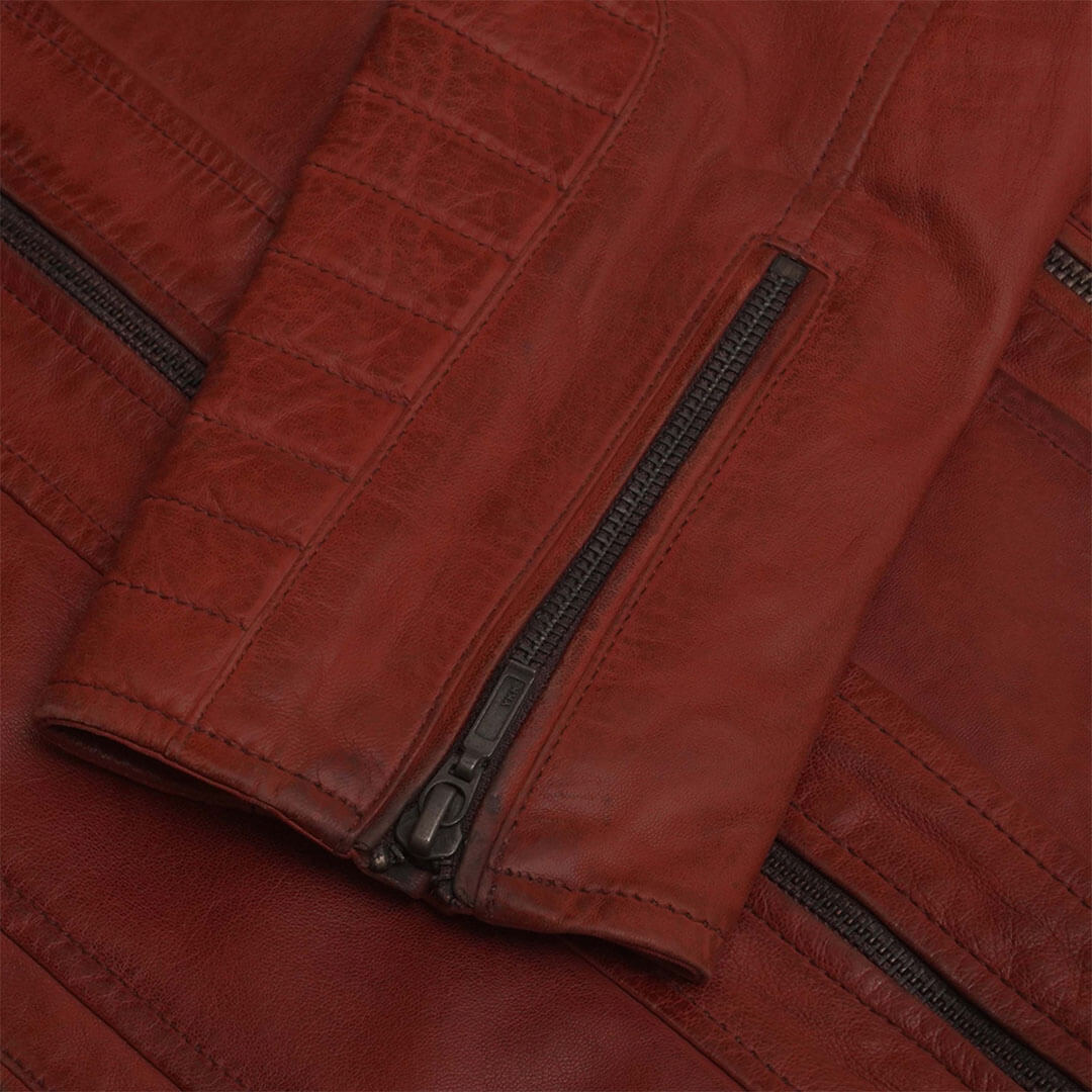 Woman's elegant Julieta red slim fit leather jacket, luxury stylish outerwear essential.