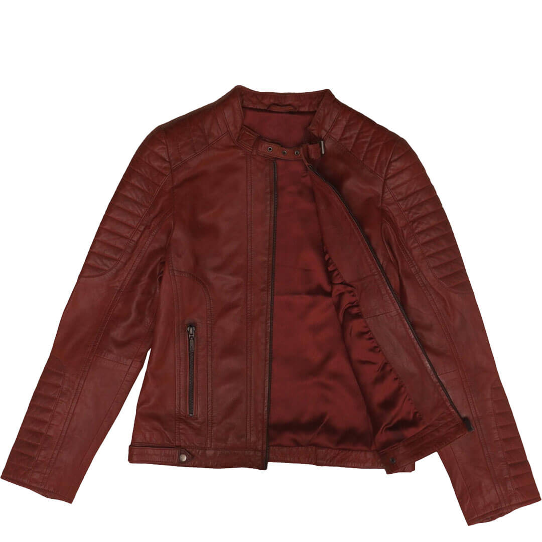 Woman's elegant Julieta red slim fit leather jacket, luxury stylish outerwear essential.