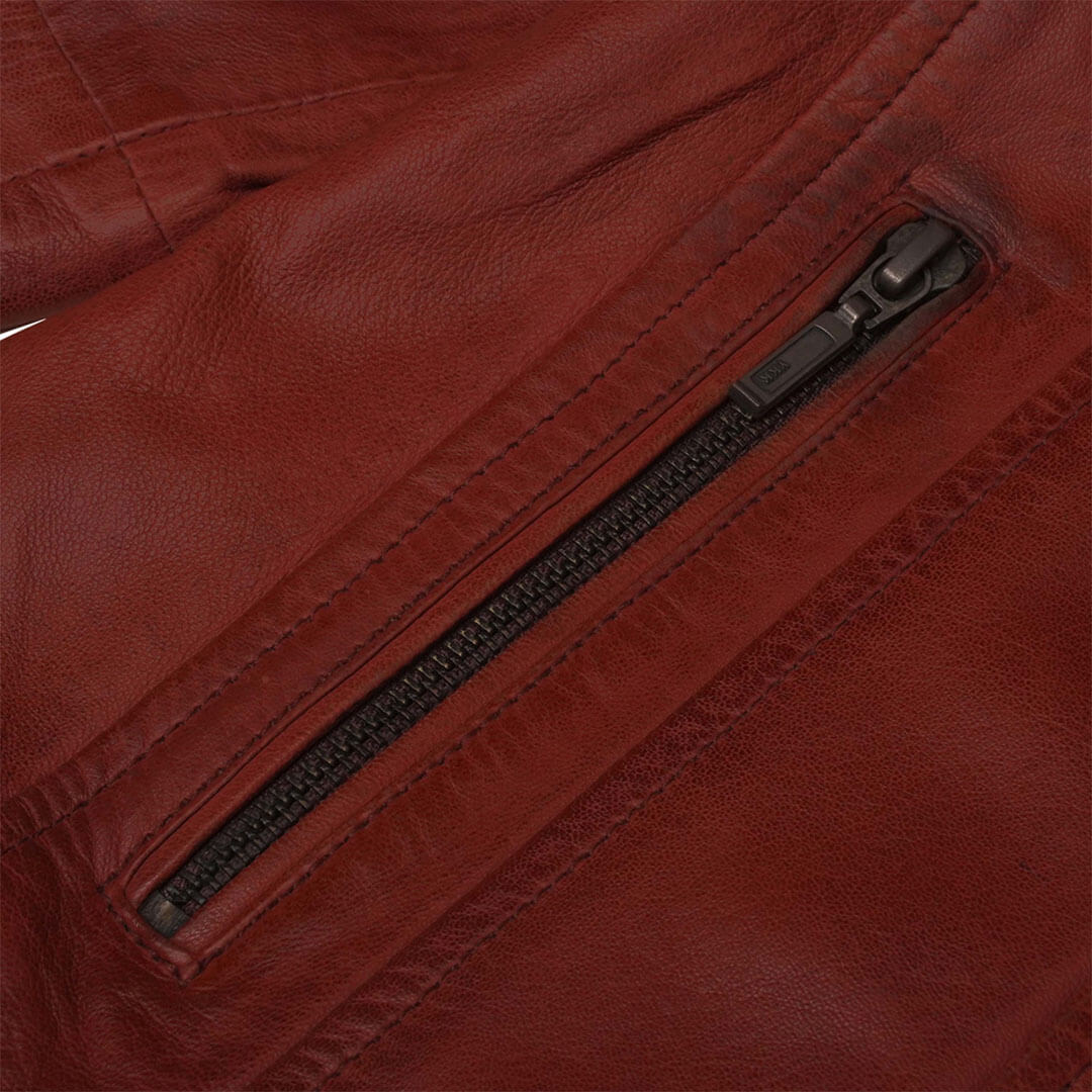 Woman's elegant Julieta red slim fit leather jacket, luxury stylish outerwear essential.