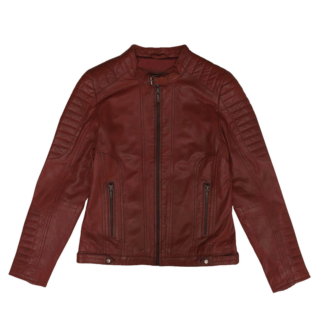 Woman's elegant Julieta red slim fit leather jacket, luxury stylish outerwear essential.