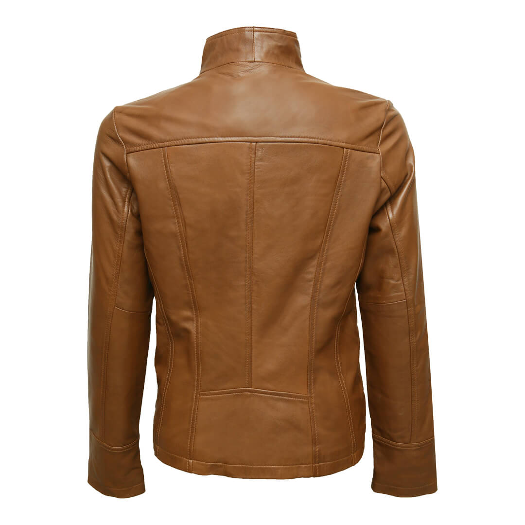 Chic women's brown genuine leather slim fit biker jacket, stylish and durable motorcycle gear.