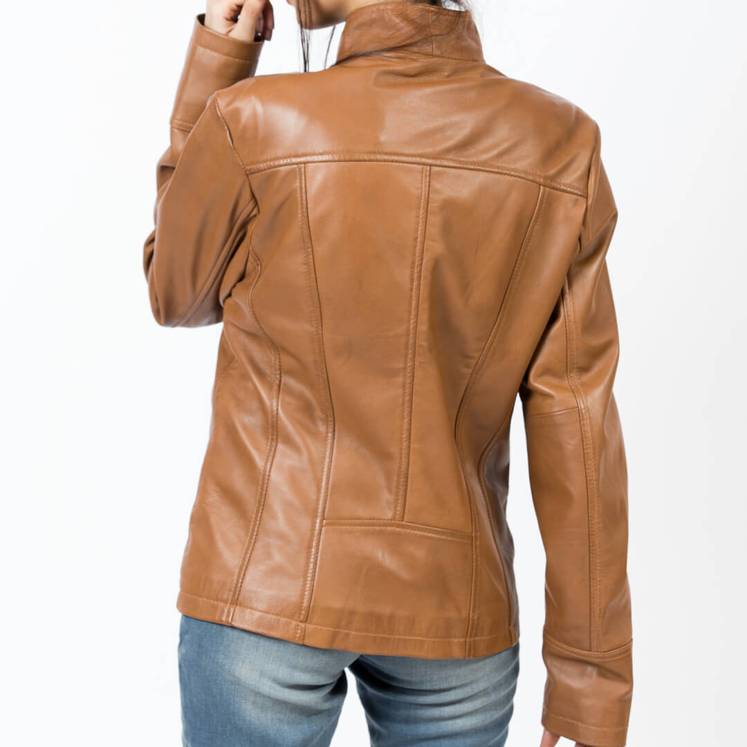 Chic women's brown genuine leather slim fit biker jacket, stylish and durable motorcycle gear.