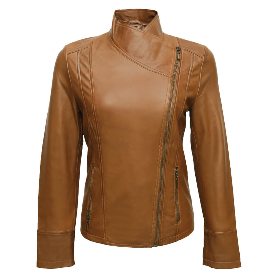 Chic women's brown genuine leather slim fit biker jacket, stylish and durable motorcycle gear.