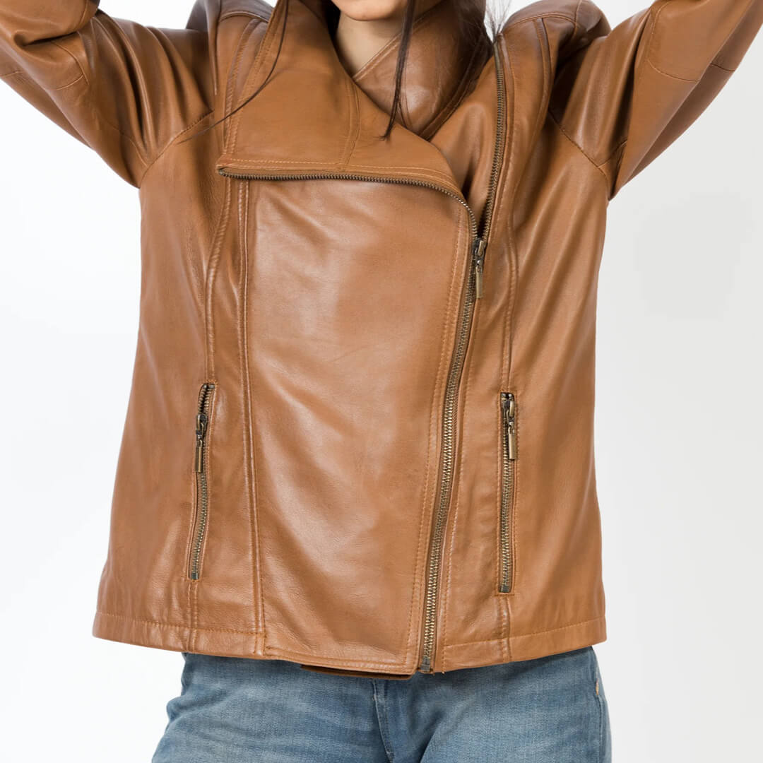 Chic women's brown genuine leather slim fit biker jacket, stylish and durable motorcycle gear.