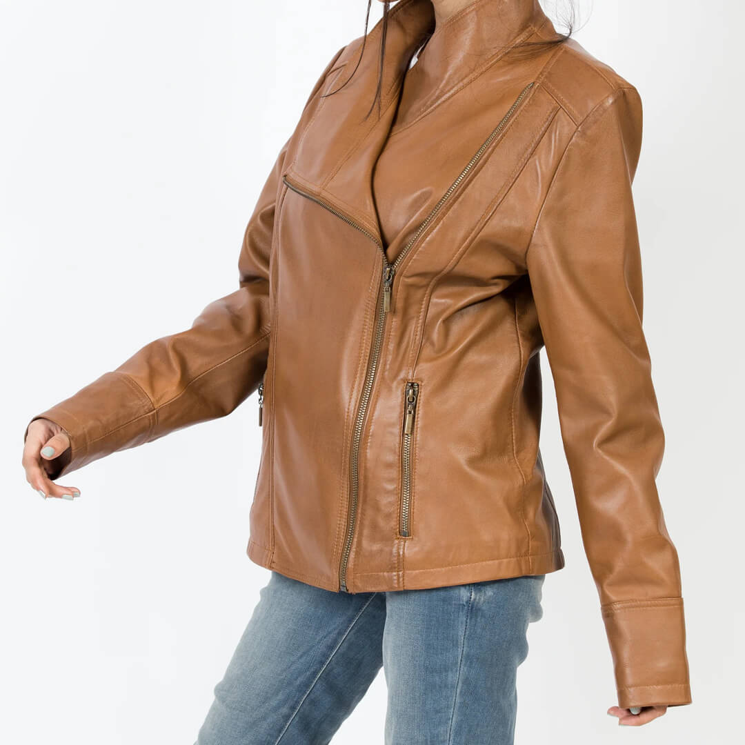 Chic women's brown genuine leather slim fit biker jacket, stylish and durable motorcycle gear.