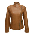 Chic women's brown genuine leather slim fit biker jacket, stylish and durable motorcycle gear.
