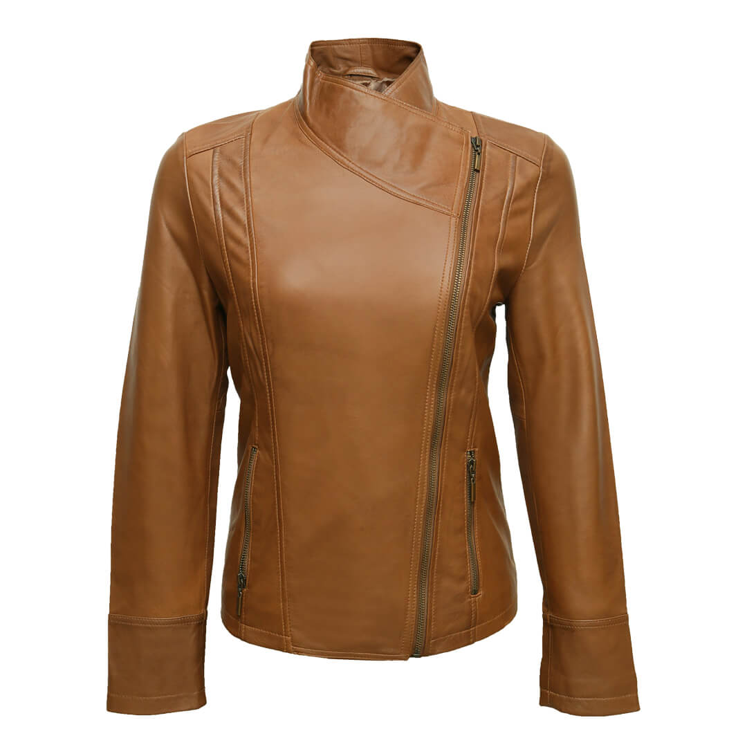 Chic women's brown genuine leather slim fit biker jacket, stylish and durable motorcycle gear.