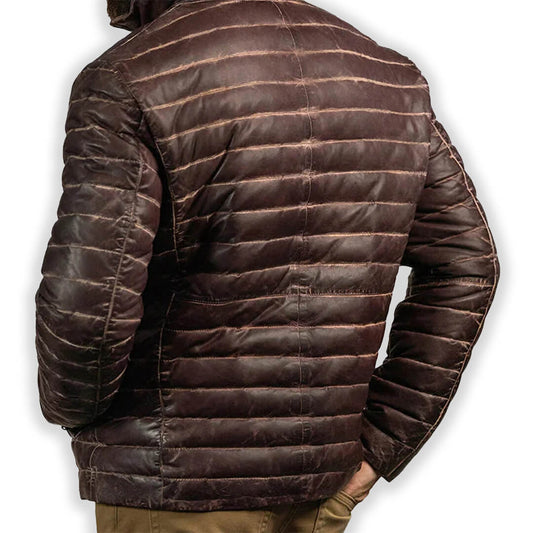 Brown Puffer Leather Jacket for Men Warm Winter Outerwear