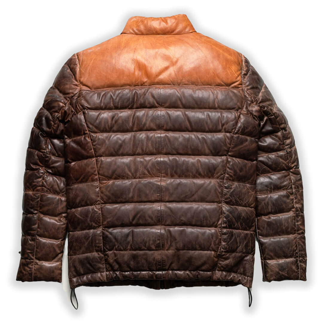 Stylish dual color leather puffer jacket, a high street fashion statement for warm and trendy casual wear.