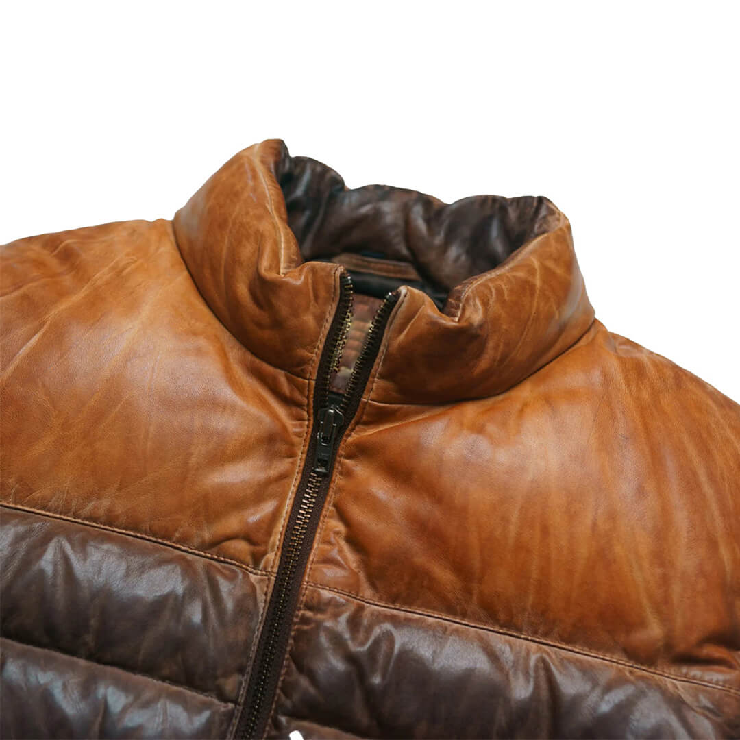 Stylish dual color leather puffer jacket, a high street fashion statement for warm and trendy casual wear.