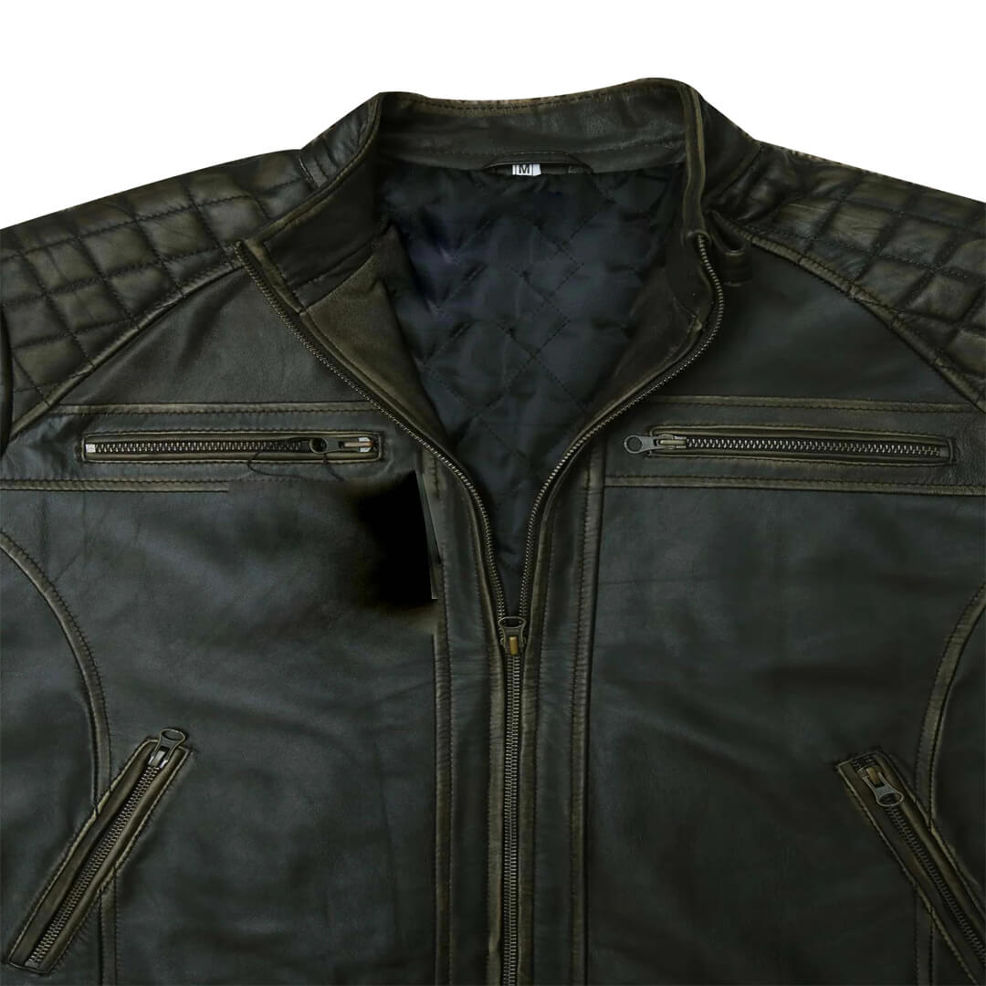 Men's classic fit Kia black biker jacket in genuine leather, perfect for motorcycling, showcasing durability and style.