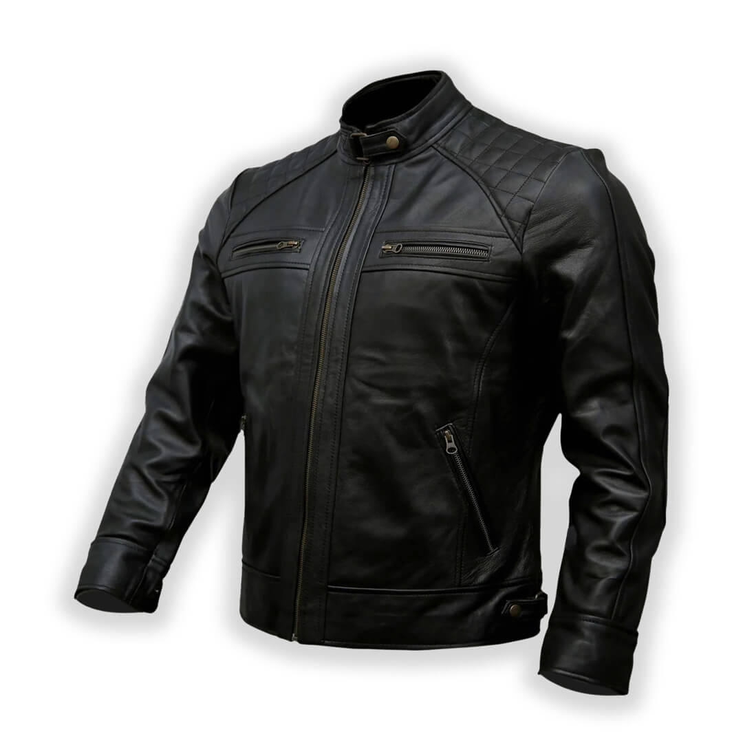 Men's classic fit Kia black biker jacket in genuine leather, perfect for motorcycling, showcasing durability and style.