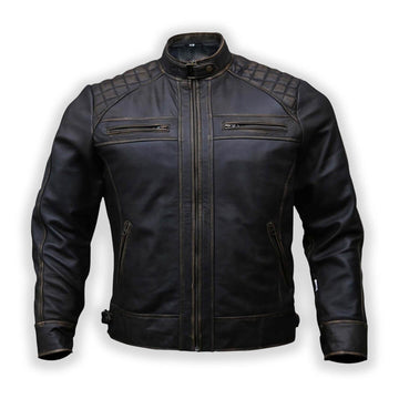 Men's classic fit Kia black biker jacket in genuine leather, perfect for motorcycling, showcasing durability and style.