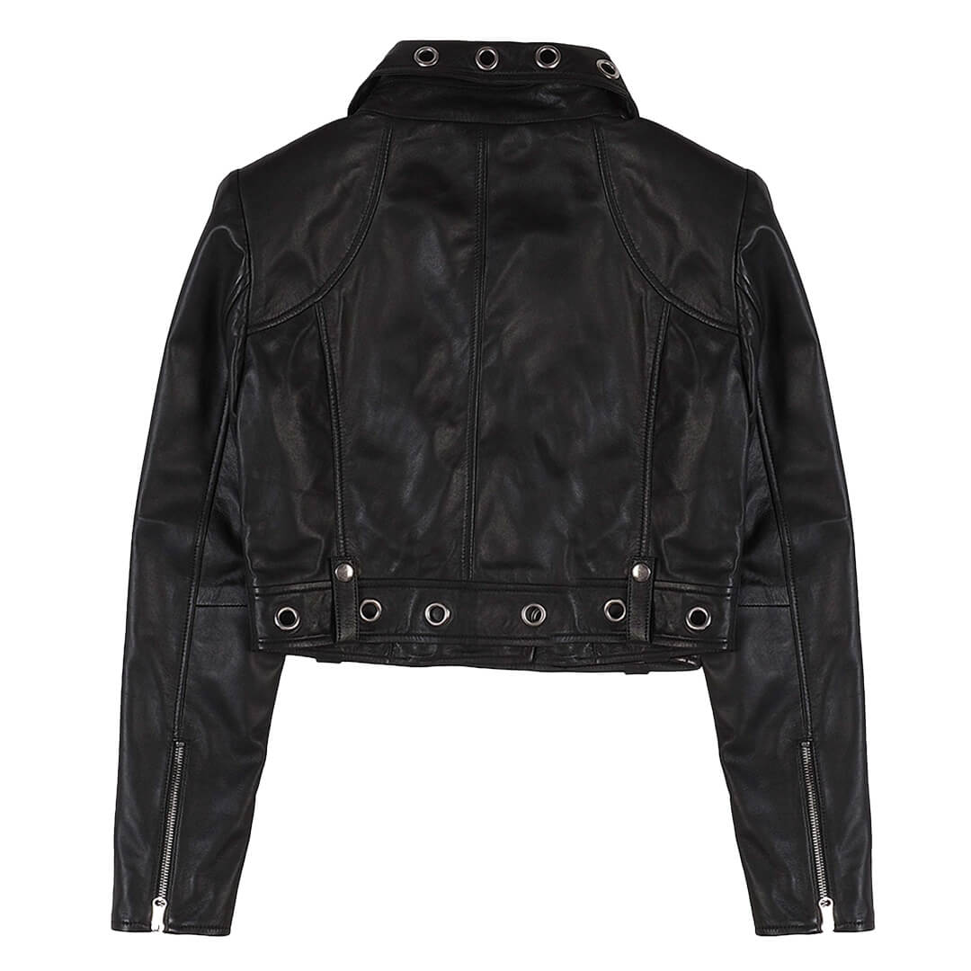 Chic Kiara women's black leather jacket, timeless in style, ideal for versatile casual looks.