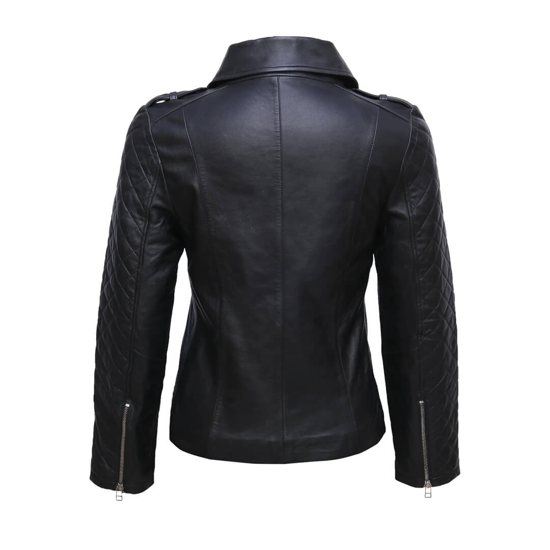 Stylish woman's black leather biker jacket, classic motorcycle design, made with genuine leather for a sleek look.