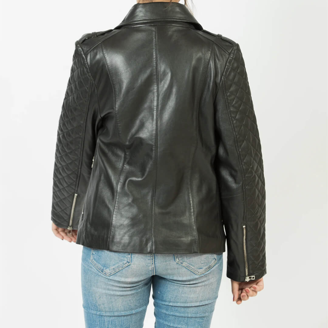 Stylish woman's black leather biker jacket, classic motorcycle design, made with genuine leather for a sleek look.