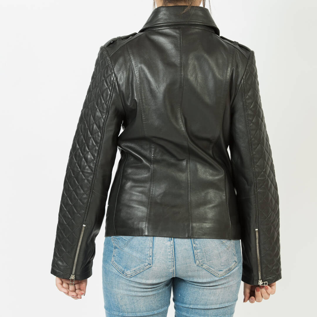 Stylish woman's black leather biker jacket, classic motorcycle design, made with genuine leather for a sleek look.