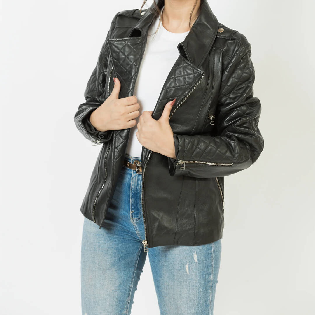 Stylish woman's black leather biker jacket, classic motorcycle design, made with genuine leather for a sleek look.