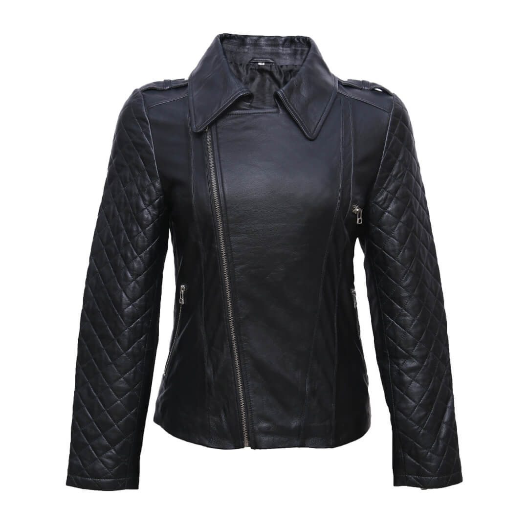 Stylish woman's black leather biker jacket, classic motorcycle design, made with genuine leather for a sleek look.