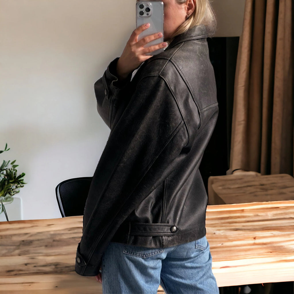 90's Womens Vintage Oversized Straight Jacket, ladies leather jacket, ladies biker jacket, bomber jacket, valentines day gift, Side View 2, BLack , Women